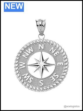 .925 Sterling Silver Nautical Compass Pendant Necklace